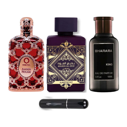 Combo Caballero: Orientica Amber Rouge + Amethysta + Bharara King + Perfumero
