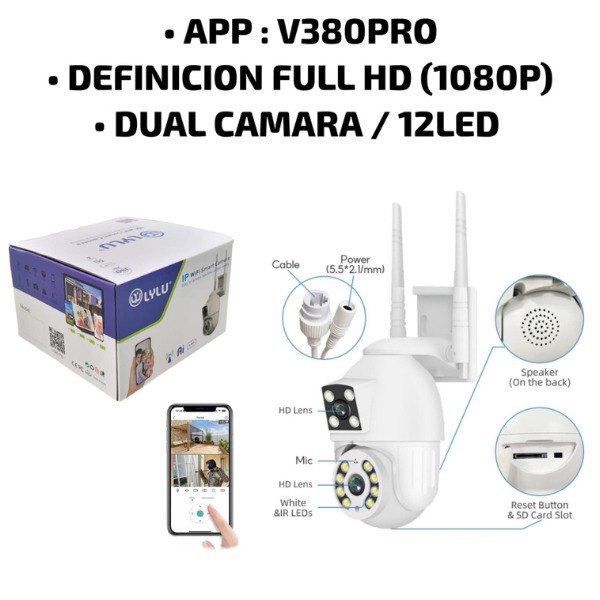 Cámara de Vigilancia Doble Lente WiFi Interior y Exterior