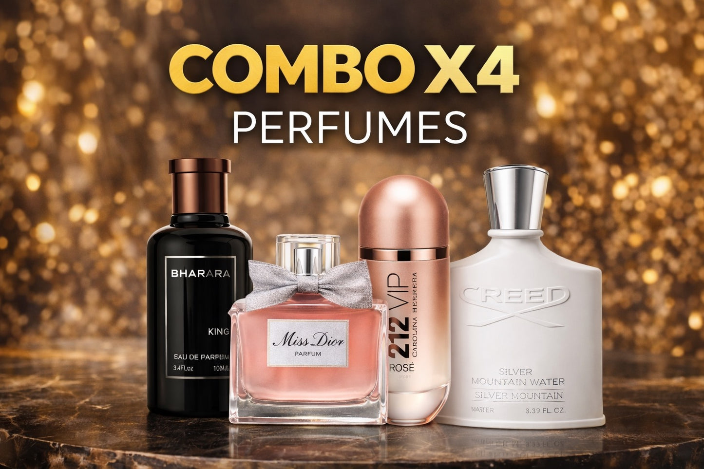 Combo Dama: 4 Perfumes 1.1: Bharara King + Miss Dior + 212 VIP Rosé + Creed Silver Mountain Water