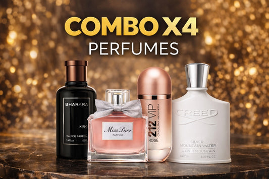 Combo Dama: 4 Perfumes 1.1: Bharara King + Miss Dior + 212 VIP Rosé + Creed Silver Mountain Water