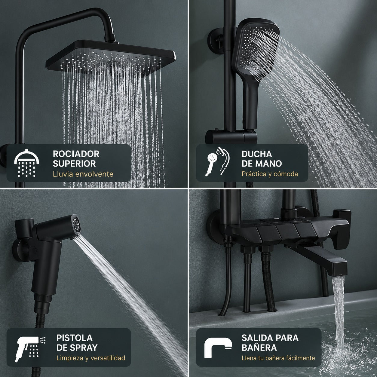 Ducha Multifuncional Negra Sin Luz Led
