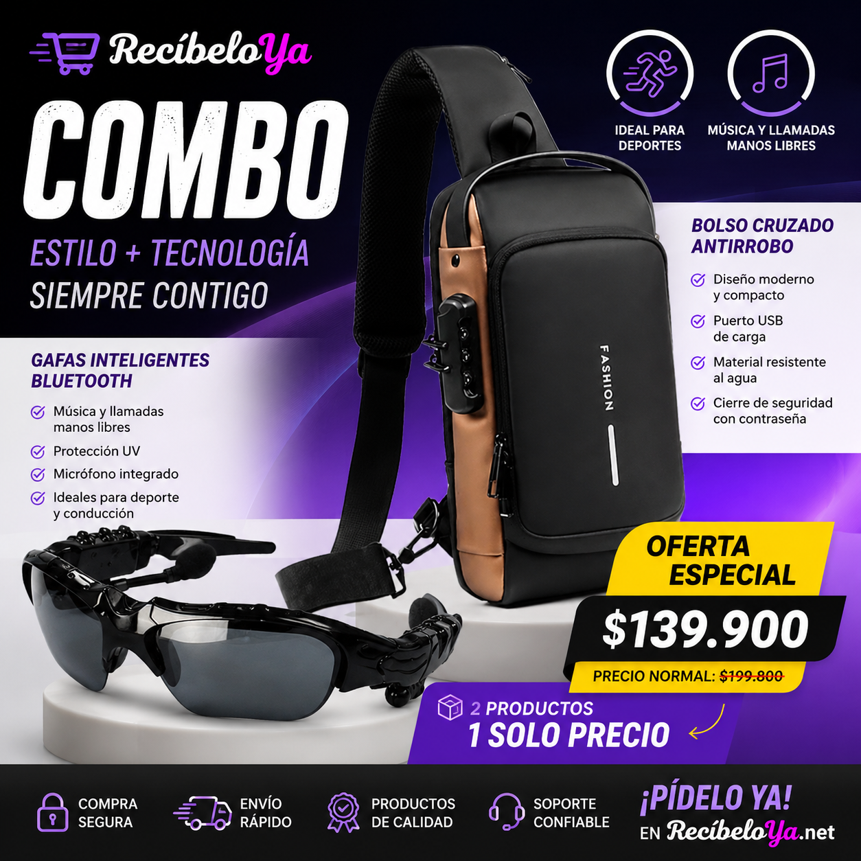 Combo Estilo + Tecnología, Maleta Antirrobo y Gafas Bluetooth