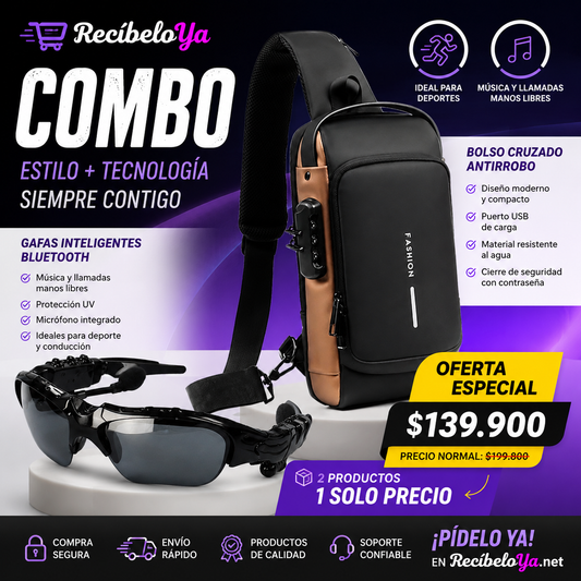 Combo Estilo + Tecnología, Maleta Antirrobo y Gafas Bluetooth